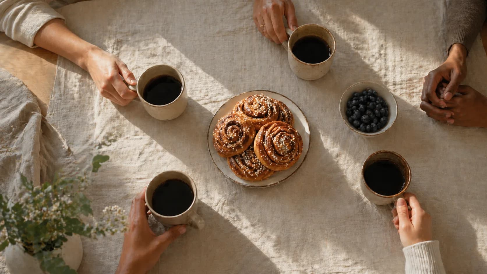 Koppar och fika på ett dukat bord, illustrationsbild.
